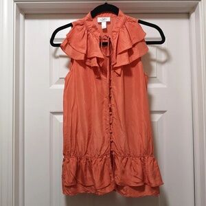Ann Taylor LOFT 100% Silk Coral Ruffle Blouse Top Shirt Size XS